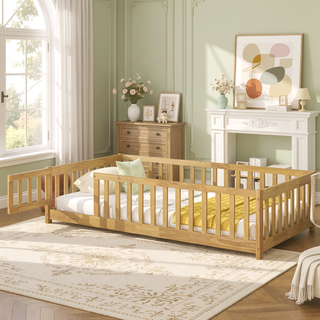 Sunvega Natural Rubber Wood Twin Size Floor Bed with Safety Guardrails and Door