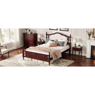 Sunvega Queen Pine Wooden Bed with Upholstered Headboard and Panel Footboard
