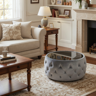 Sunvega Modern Glam Velvet Ottoman with Tempered Glass Top and Button Tufting