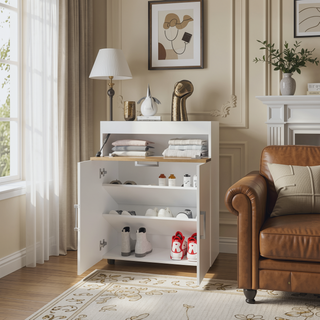 Sunvega White and Natural Oak Lift-Up Shoe Rack with Dual Doors for Small Spaces