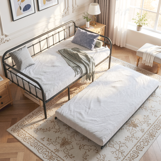 Sunvega Twin Size Victorian Style Metal Daybed Frame with Trundle Set for Guest Room