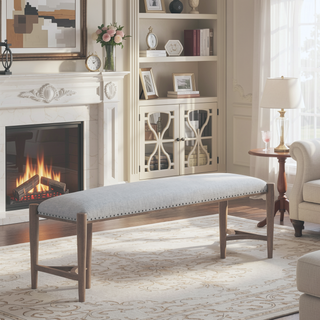 Sunvega Sand Colored Upholstered Bench with Nail Head Trim and Triad Bases