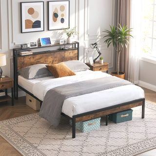 Sunvega Modern Metal Platform Bed Frame with Wooden Headboard and Footboard for Queen Size