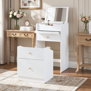 Sunvega White Teen Dream Vanity Desk with Mirror Chair and Storage for Bedroom