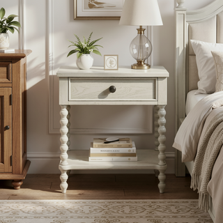 Sunvega Antique Cream Nightstand with Turned Legs and Natural Whitewash Look