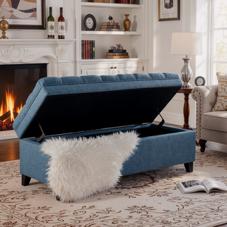 Sunvega Blue Fabric Storage Ottoman with Birch Legs for Living Room Seating