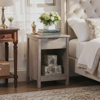 Sunvega White Wooden End Table with Charging Station and 2 Drawers for Bedroom