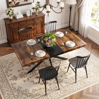 Sunvega Antique Wood Top Rectangular Stretch Dining Table with Storage Box and Black Iron Base
