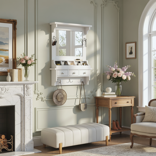Sunvega Floating Makeup Vanity with Large Mirror Drawers Pockets and Hooks