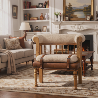 Sunvega Handcrafted Solid Mango Wood Bench with Boucle and Leather Upholstery