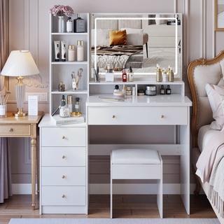 Sunvega 37 Inch Left Bedside Vanity Table with Cushioned Stool and Sliding LED Mirror