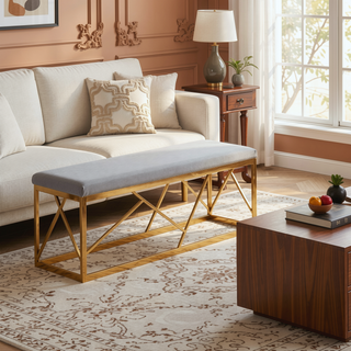 Sunvega Folia Gold Metal Frame with Grey Velvet Upholstery Bench for Entryway