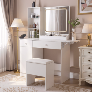 Sunvega Makeup Vanity Desk with Lighted Mirror, Power Outlet, Storage Stool, and Cabinet