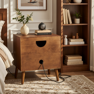 Sunvega Mid Century Modern Fluted Nightstand with USB Ports and Outlet Hole