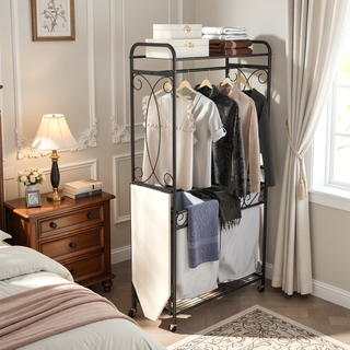 Sunvega Heavy Duty Metal Laundry Hamper Cart with Hanging Rail and Storage Shelf