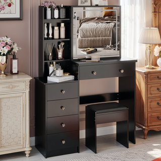 Sunvega 41 Inch Large Size Left Bedside Cabinet Vanity Table with Cushioned Stool