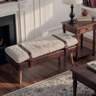 Sunvega Boucle and Mahogany Leather Bench with Belted Strap Design for Entryways