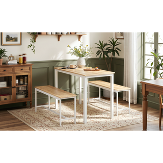 Sunvega Industrial Natural and White Dining Table Set with 2 Benches for Kitchen