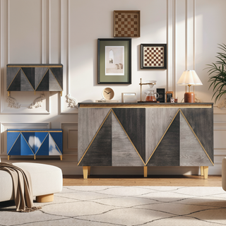 Sunvega 60 Inch Retro Buffet Cabinet with Dimensional Effect Doors and Adjustable Shelves
