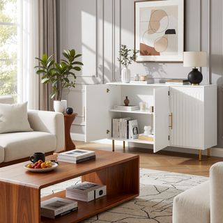 Sunvega White Fluted 3-Door Large Storage Sideboard Cabinet with Gold Handles