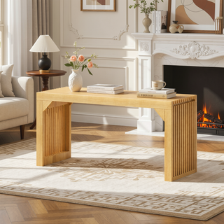 Sunvega Solid Wood 2-Seats Entryway Bench with Grille Details for Living Room