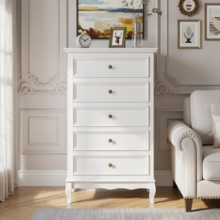 Sunvega Modern White Fluted 5-Drawer Dresser with Solid Wood Legs and Wave-Shaped Bar