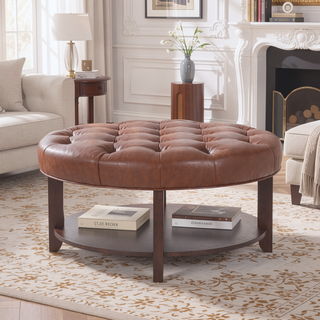 Sunvega Round Ottoman with Faux Leather Upholstery and Open Shelf for Living Room