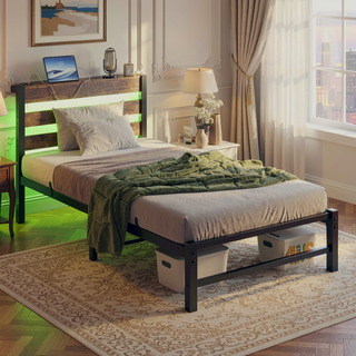 Sunvega Twin Size Heavy Duty LED Bed Frame with USB Charging and Headboard