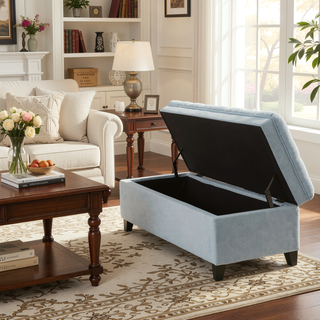 Sunvega Blue Fabric Storage Ottoman with Birch Legs for Living Room Seating
