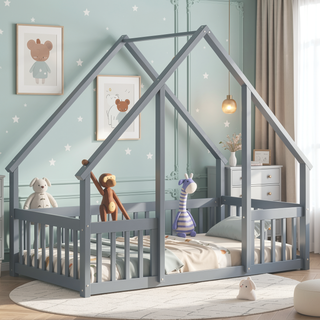 Sunvega Twin Wood House Floor Bed with Guardrail Fence in Grey