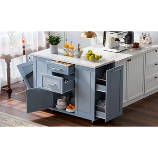 Sunvega Vintage Modern Kitchen Island with Drop Leaf, Tilt Trash Cabinet, and Pull Out Organizer