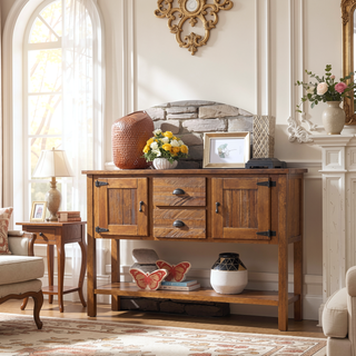 Sunvega Retro Style Solid Pine Wood Sideboard Console Table with 2 Drawers and Cabinets