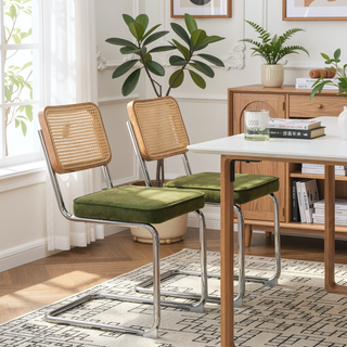 Sunvega Modern Mid Century Velvet Rattan Dining Chairs with Chrome Legs Set of 2