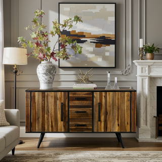 Sunvega Antique Acacia Finish Buffet Cabinet with Soft Close Drawers for Living Room