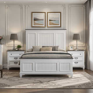 Sunvega King Bed and 2 Nightstands Set with Shiplap Panel and Modern Farmhouse Style