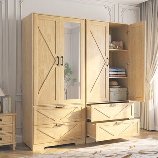 Sunvega Natural Wood Wardrobe for Bedroom with Mirror, 2 Doors, 2 Drawers, and Built-in Light