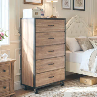 Sunvega Weathered Light Oak Finish Wood Chest with 5 Drawers and Industrial Caster Wheels