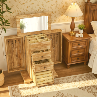 Sunvega Wooden Jewelry Box Organizer with Mirror and Drawers for Rings Earrings Necklaces