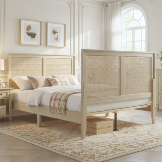 Sunvega Solid Wood Queen Bed Frame with Rattan Headboard and Silent Slats