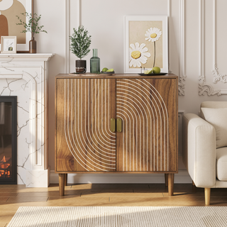 Sunvega Walnut Wood Buffet Cabinet with Line Groove Design and Large Storage Space