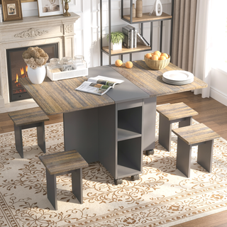 Sunvega Contemporary Expandable Dining Table Set with 4 Chairs and Storage for Small Space Saving