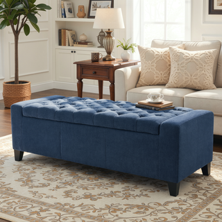 Sunvega Dark Blue Tufted Storage Ottoman with Removable Lid for Living Room