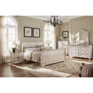 Sunvega White Wash Finish Queen Sleigh Bed Dresser Mirror Nightstand Chest Set