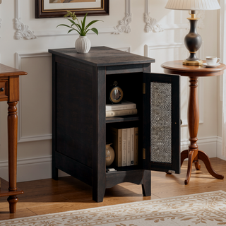 Sunvega Narrow Accent Side Table with Black Veneer Finish and Closed Cabinet Storage