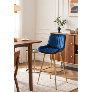 Sunvega 30 inch Set of 2 Blue Velvet Bar Stools with Chrome Footrest and Golden Legs