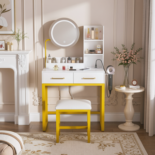 Sunvega White Makeup Vanity Table with LED Lights Power Outlet and 2 Drawers