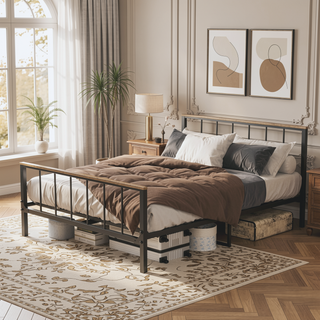 Sunvega Metal Platform Bed Frame with Wood Headboard and Sturdy Support No Box Spring