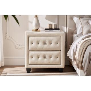 Sunvega Cream Velvet Upholstered Nightstand with Crystal Tufted Design and Two Drawers