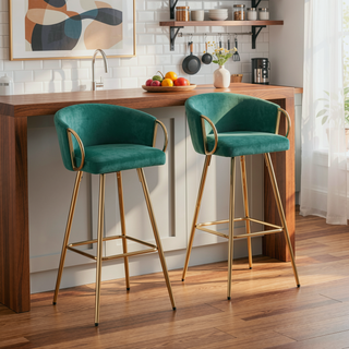 Sunvega 26 Inch Set of 2 Velvet Bar Stools with Chrome Footrest and Golden Leg