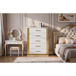 Sunvega Modern White and Gold Finish Five-Drawer Chest with LED Lights